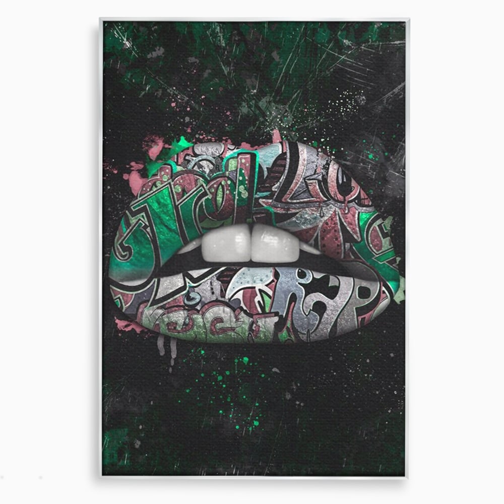 Tablou canvas cu tablou canvas cu buze si graffiti verde, in rama de aluminiu argintiu